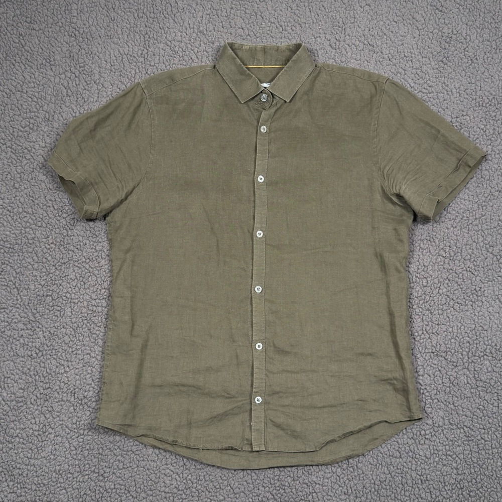 Mens 100% Linen Shirt SS Button Down Olive Green Regular Fit M Portomar Summer